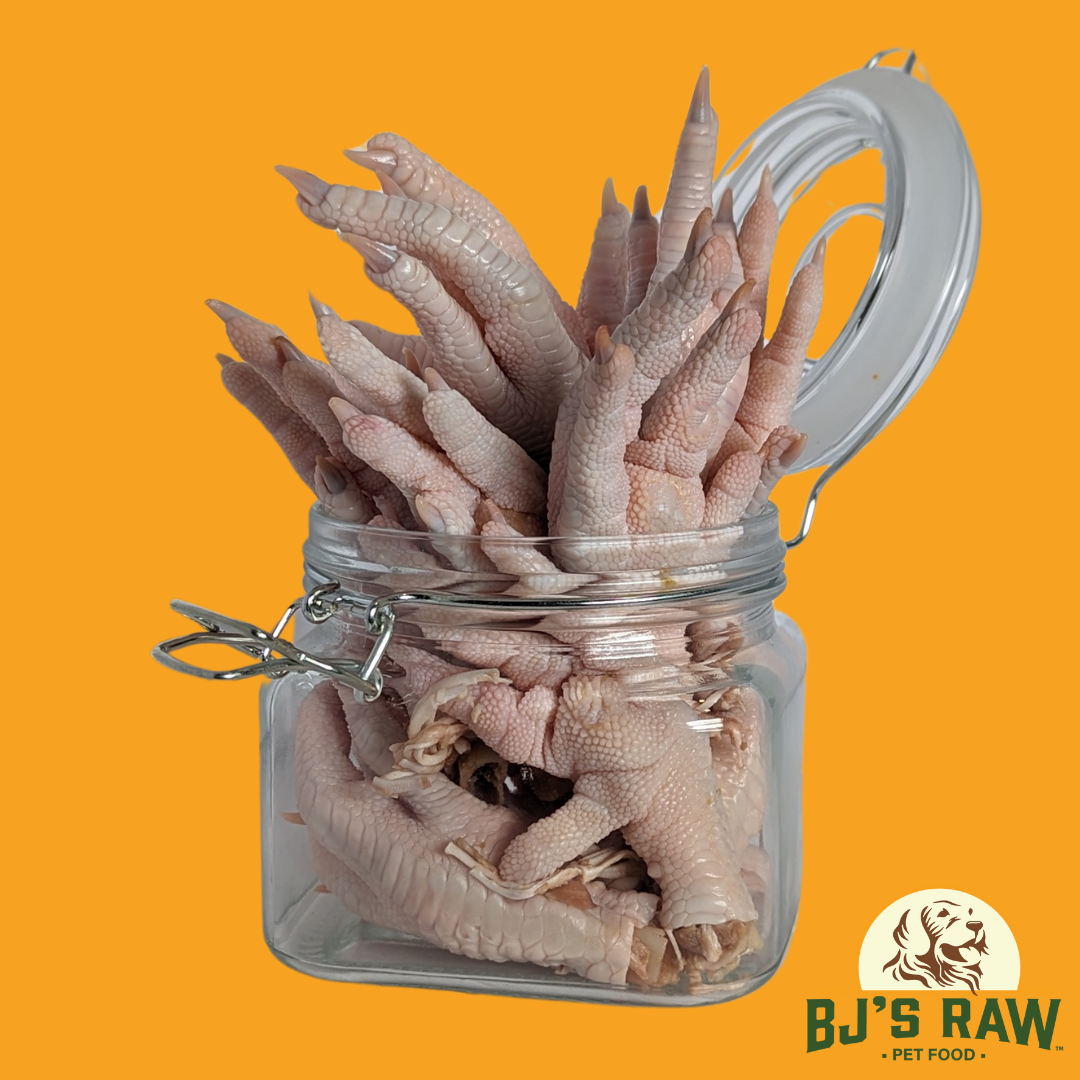 BJ's Raw Pet Food pasture-raised in Lancaster County, PA chicken feet in a jar.